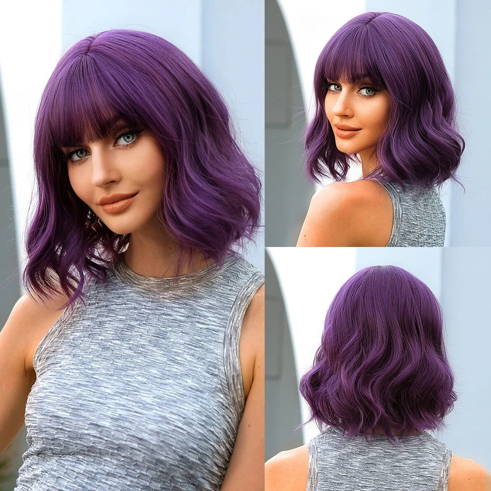 EASIHAIR Short White Bob Synthetic Wigs Short Wavy Lolita Natural Hair Wigs with Bangs for Women Heat Resistant Cosplay Wig