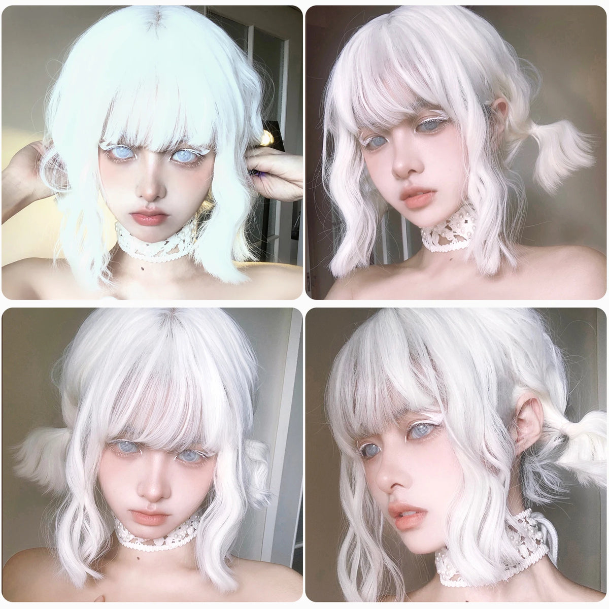 EASIHAIR Short White Bob Synthetic Wigs Short Wavy Lolita Natural Hair Wigs with Bangs for Women Heat Resistant Cosplay Wig