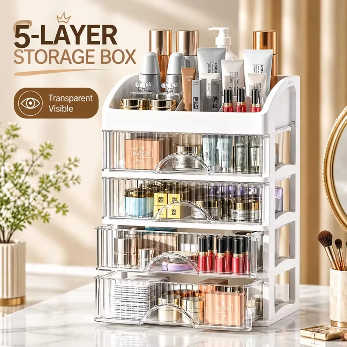 Multi-Layer Makeup Organizer with Drawers, Clear Cosmetic Storage Box for Skincare, Lipstick, Perfume and Vanity Essentials