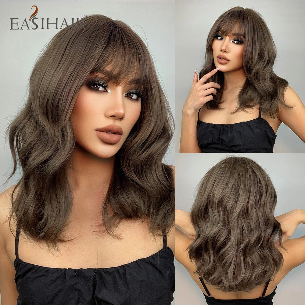 EASIHAIR Short White Bob Synthetic Wigs Short Wavy Lolita Natural Hair Wigs with Bangs for Women Heat Resistant Cosplay Wig