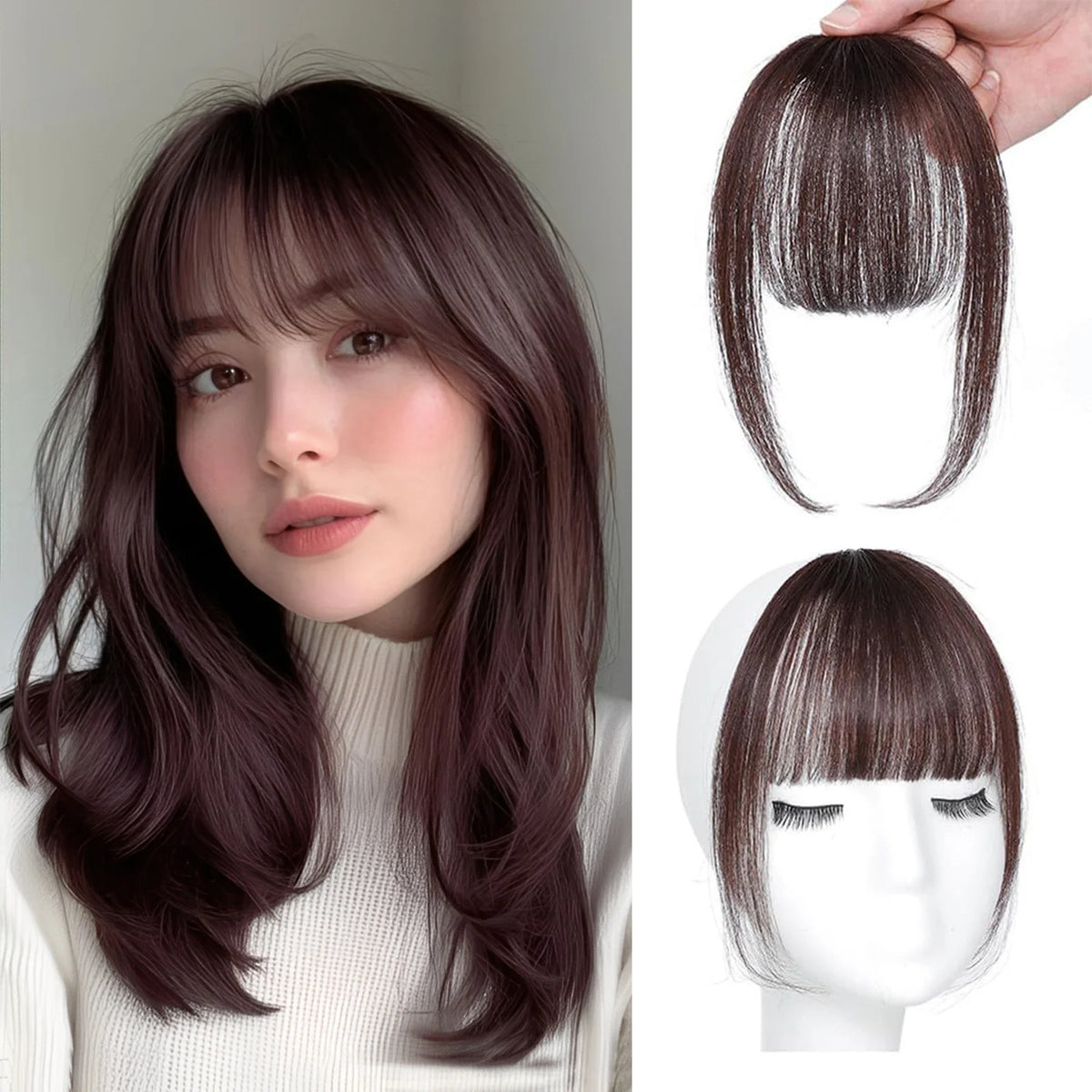 Clip In French Hair Bangs 100%  Human Hair Extensions Wispy Bangs for Women Curved Fake Bangs with Fringe Temples Hairpieces