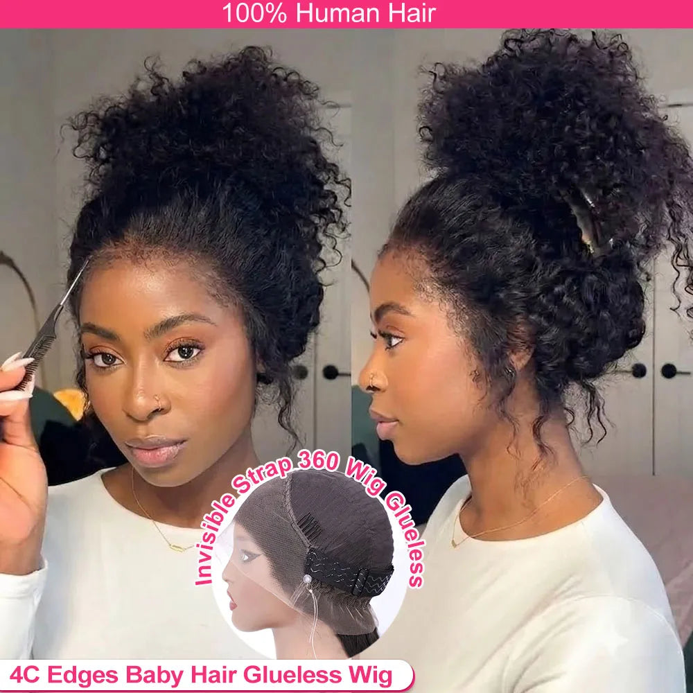 4C Kinky Edges Invisible Drawstring 360 Full HD Lace Front Wigs Glueless Wigs 100% Human Hair Wigs With 4C Kinky Curly Baby Hair