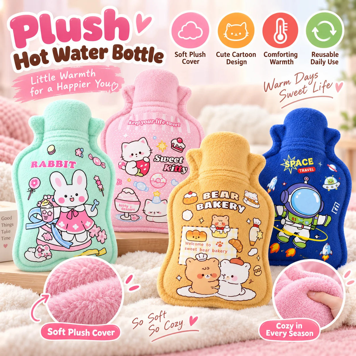1PC Hot Water Bottle Cute Plush Cartoon Cover Warm Water Bag Portable Reusable Hand Warmer Winter Home Gift