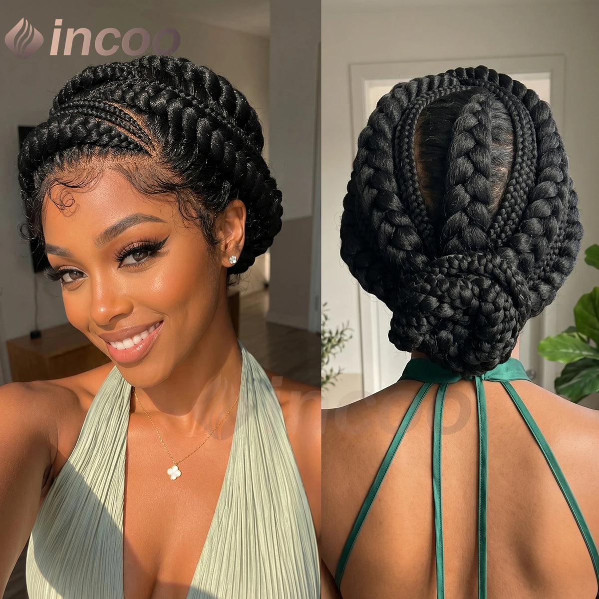 Short Cornnrow Braid Wigs Buns Glueless For Black Women Synthetic HD Full Lace Wig Neat Braids Wig African Protective Style