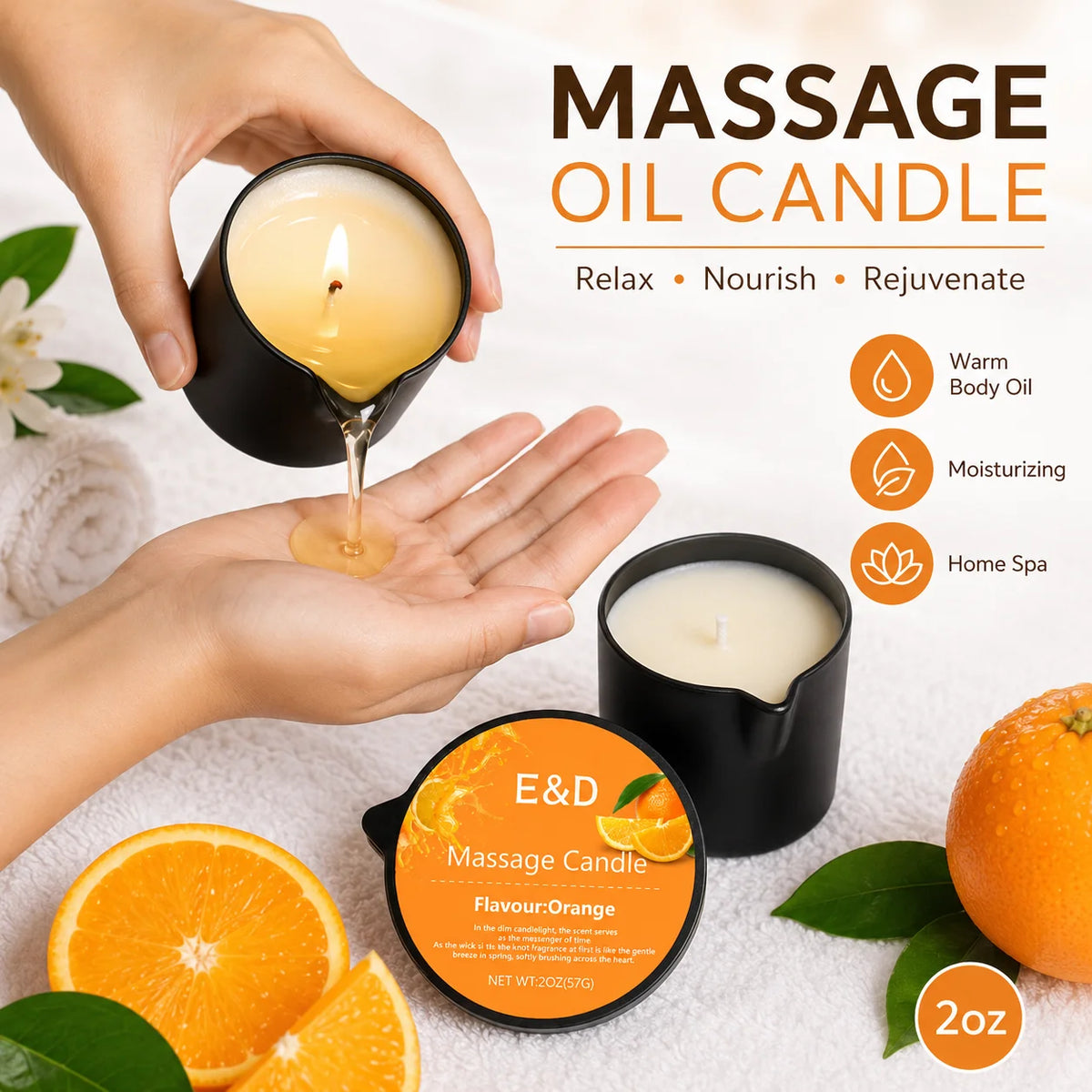 Orange Massage Oil Candle 2 oz, Body Massage Candle Melts Into Warm Body Oil, Moisturizing Aromatherapy Home Spa Gift For Women
