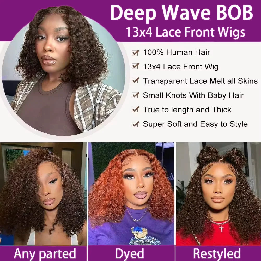 250% Dark Brown Deep Wave Short Bob Wig Human Hair Curly Transparent Lace 13x4 Human Hair Wigs Pre Plucked 10-16 Inch