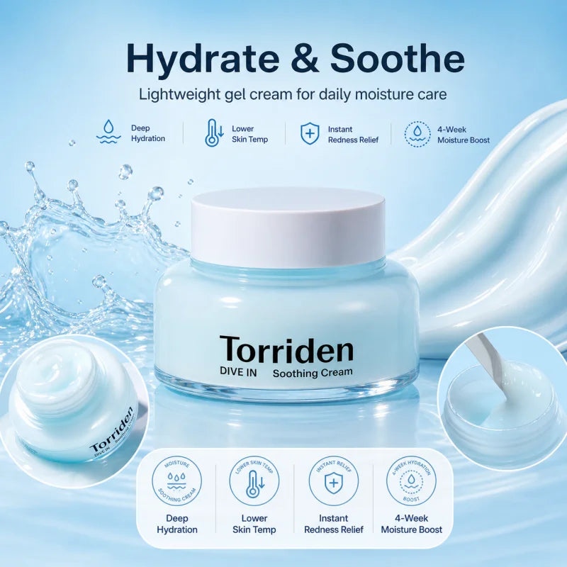 Torriden DIVE‑IN Soothing Gel‑Cream, Cooling Lightweight Moisturizer for Face, Smooth Non‑Greasy Texture, Instant Hydration Calm