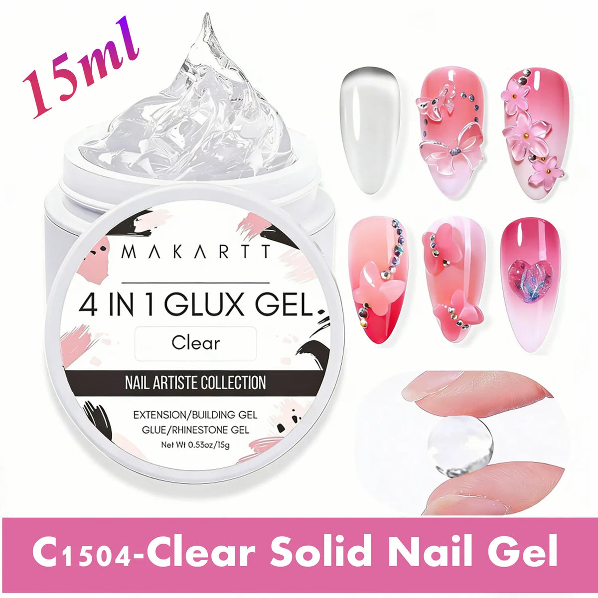 Makartt Solid Gel Builder: 4-in-1 Clear White Non-sticky for Extension 3D Sculpting Nail, UV Glue for Acrylic Tips, Rhinestones