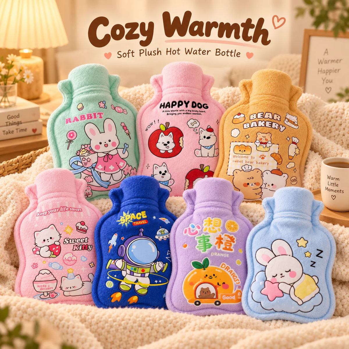 Hot Water Bottle Plush Warm Water Bag Cute Cartoon Soft Cover Hand Warmer for Winter Bed Sofa Women Kids Gift