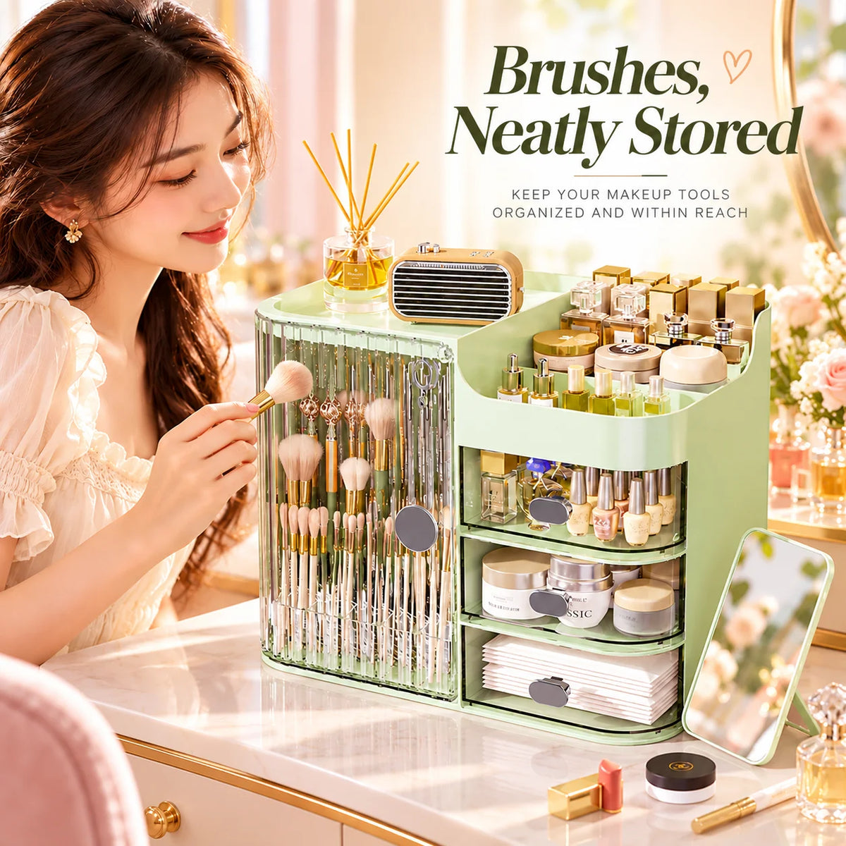 Makeup Organizer Cosmetic Storage Box with Drawers, Large Capacity Makeup Brush Holder, Skincare Perfume Organizer for Vanity Bathroom