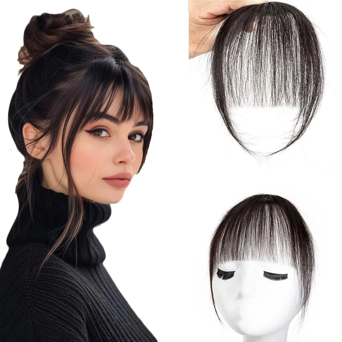 Clip In French Hair Bangs 100%  Human Hair Extensions Wispy Bangs for Women Curved Fake Bangs with Fringe Temples Hairpieces