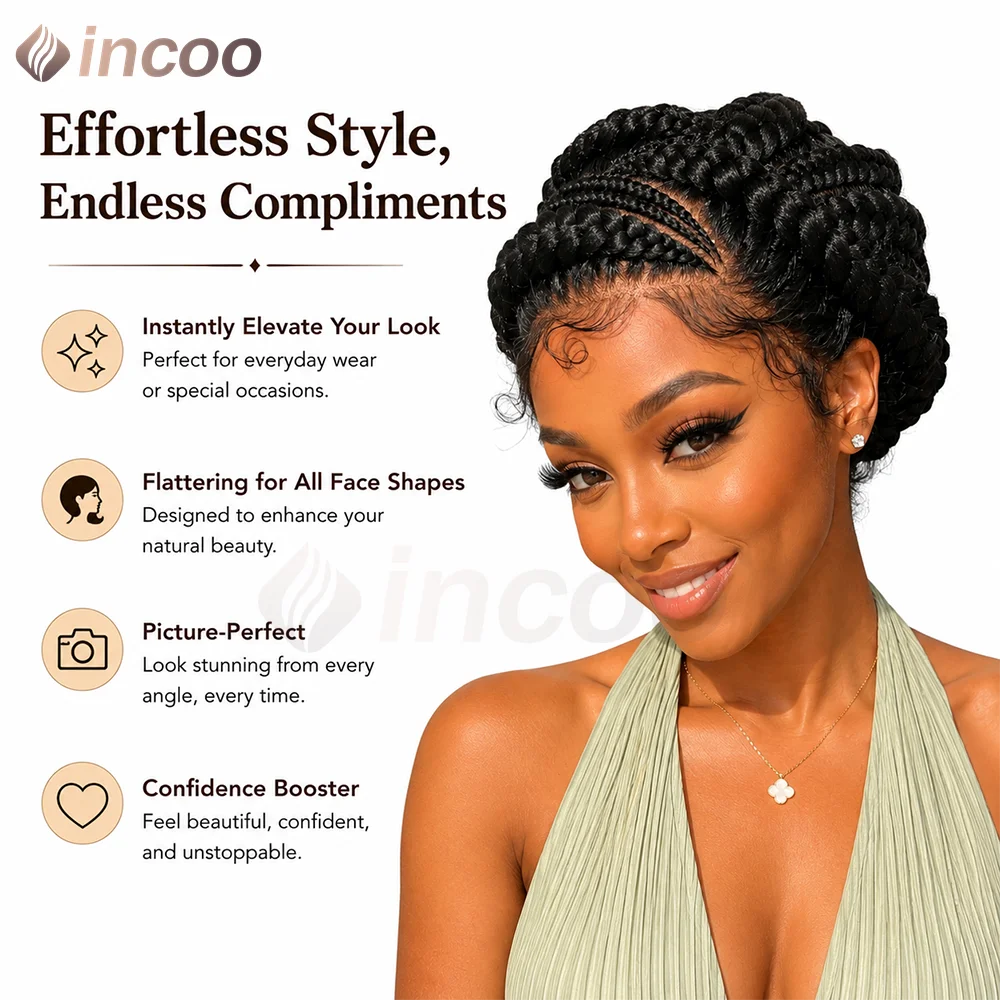 Short Cornnrow Braid Wigs Buns Glueless For Black Women Synthetic HD Full Lace Wig Neat Braids Wig African Protective Style