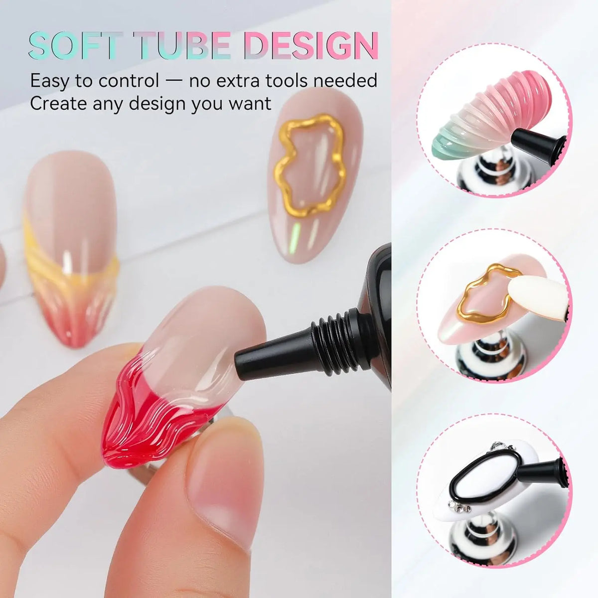 Makartt 3D Gel Nail Art – Clear & Noir Sculpting Gel for DIY Embossed Nail Designs – No Wipe Easy-Squeeze Tube Nail Glue