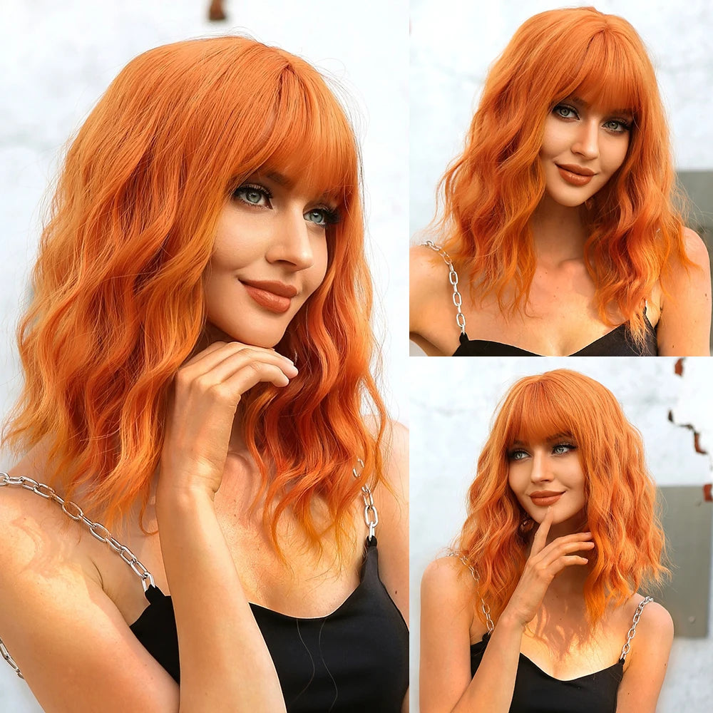 EASIHAIR Short White Bob Synthetic Wigs Short Wavy Lolita Natural Hair Wigs with Bangs for Women Heat Resistant Cosplay Wig