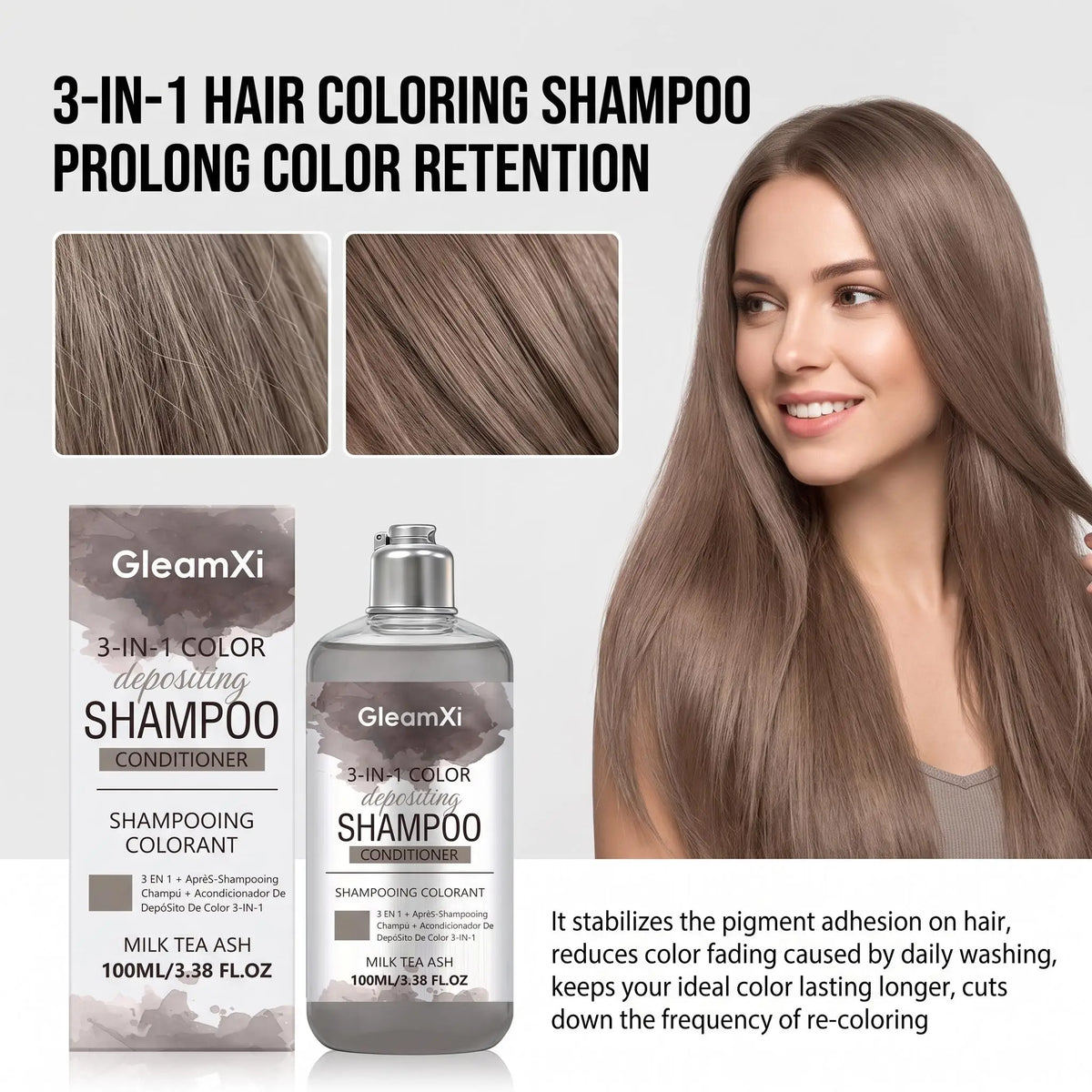 3 in 1 Hair Dye Shampoo for Gray Coverage Natural Herbal Ingredients Milk Tea Ash Brown Long-Lasting Color Deep Nourishing Cleaning Semi-Permanent Hair Color Shampoo