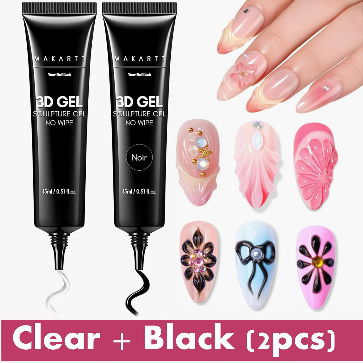 Makartt 3D Gel Nail Art – Clear & Noir Sculpting Gel for DIY Embossed Nail Designs – No Wipe Easy-Squeeze Tube Nail Glue