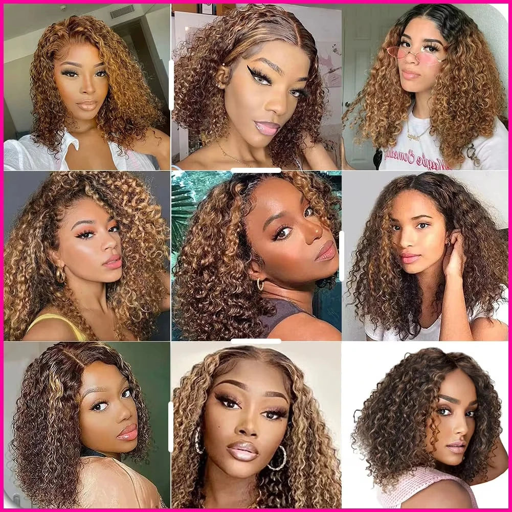 Ombre Highlight P4/27 Color Short Bob Wigs Curly 13x4 Lace Frontal Wigs Human Hair Deep Curly Bob Wig Brazilian Hair Short Bob