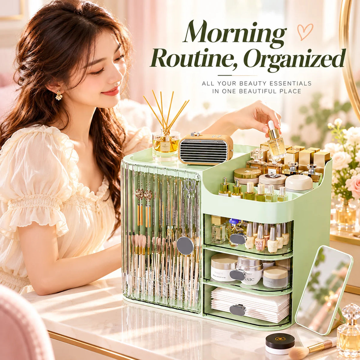 Makeup Organizer Cosmetic Storage Box with Drawers, Large Capacity Makeup Brush Holder, Skincare Perfume Organizer for Vanity Bathroom