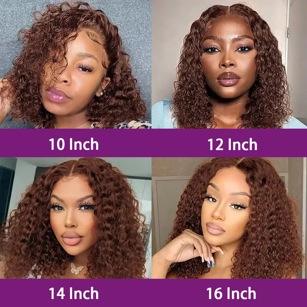 250% Dark Brown Deep Wave Short Bob Wig Human Hair Curly Transparent Lace 13x4 Human Hair Wigs Pre Plucked 10-16 Inch