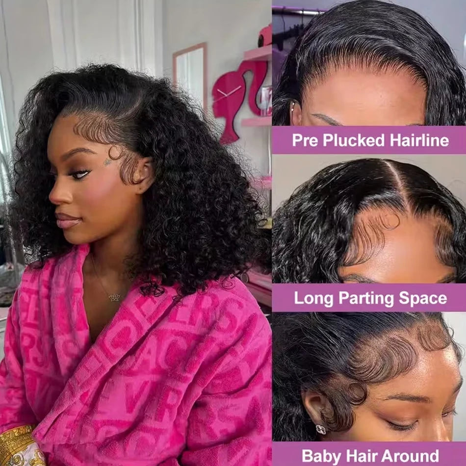 Curly Bob Wig 13x4 Lace Front Wigs Pre Plucked 250% Density Mongolian Glueless HD Kinky Curly Bob Lace Frontal Wigs Wet and Wavy