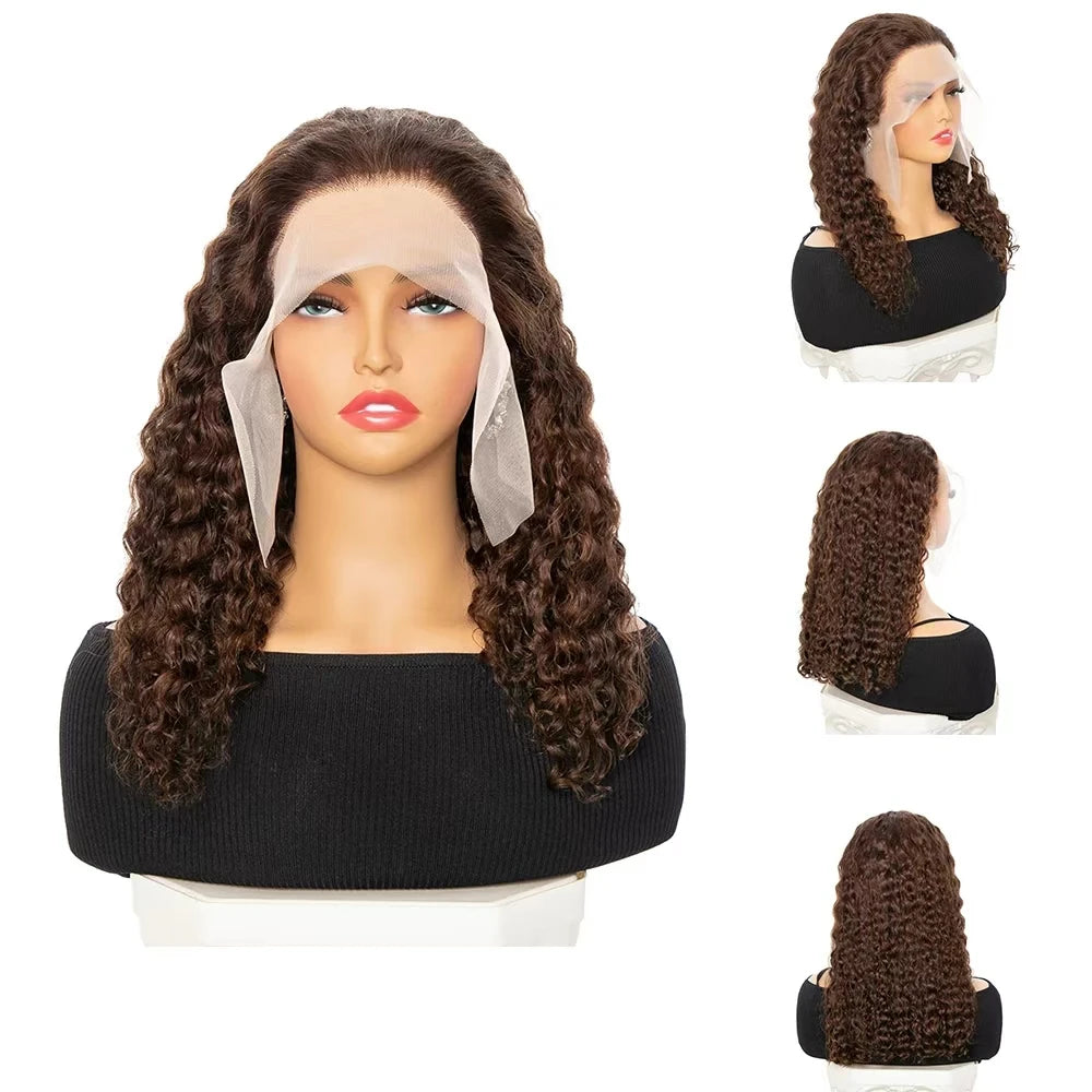 250% Dark Brown Deep Wave Short Bob Wig Human Hair Curly Transparent Lace 13x4 Human Hair Wigs Pre Plucked 10-16 Inch