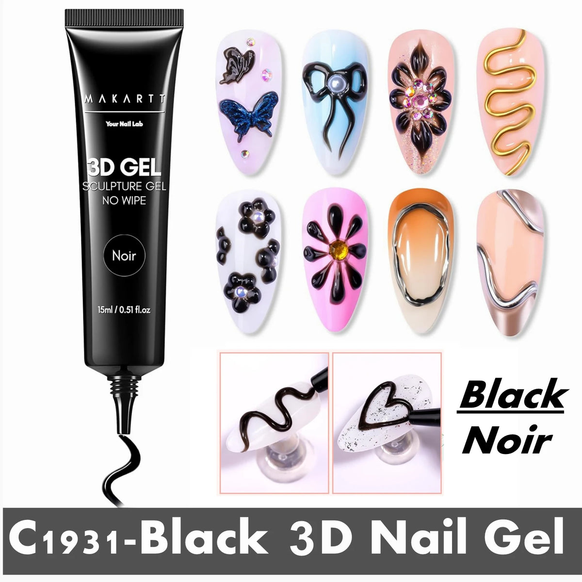 Makartt 3D Gel Nail Art – Clear & Noir Sculpting Gel for DIY Embossed Nail Designs – No Wipe Easy-Squeeze Tube Nail Glue
