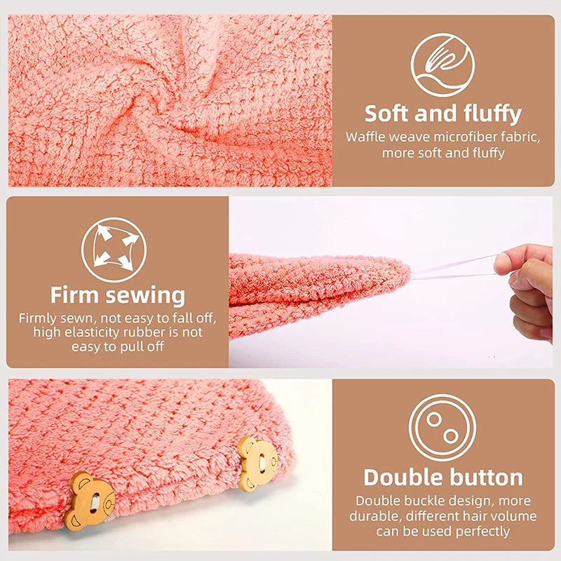 Super Absorbent Soft Hair Towels 300GSM Microfiber Quick-Dry Hair Drying Cap, Button-Fastening Turban for Normal & Textured Hair