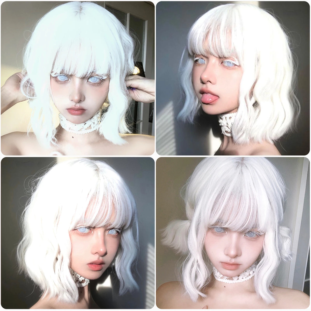 EASIHAIR Short White Bob Synthetic Wigs Short Wavy Lolita Natural Hair Wigs with Bangs for Women Heat Resistant Cosplay Wig