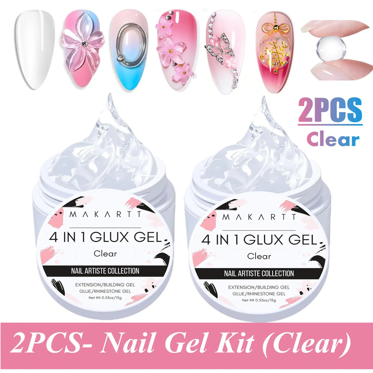 Makartt Solid Gel Builder: 4-in-1 Clear White Non-sticky for Extension 3D Sculpting Nail, UV Glue for Acrylic Tips, Rhinestones