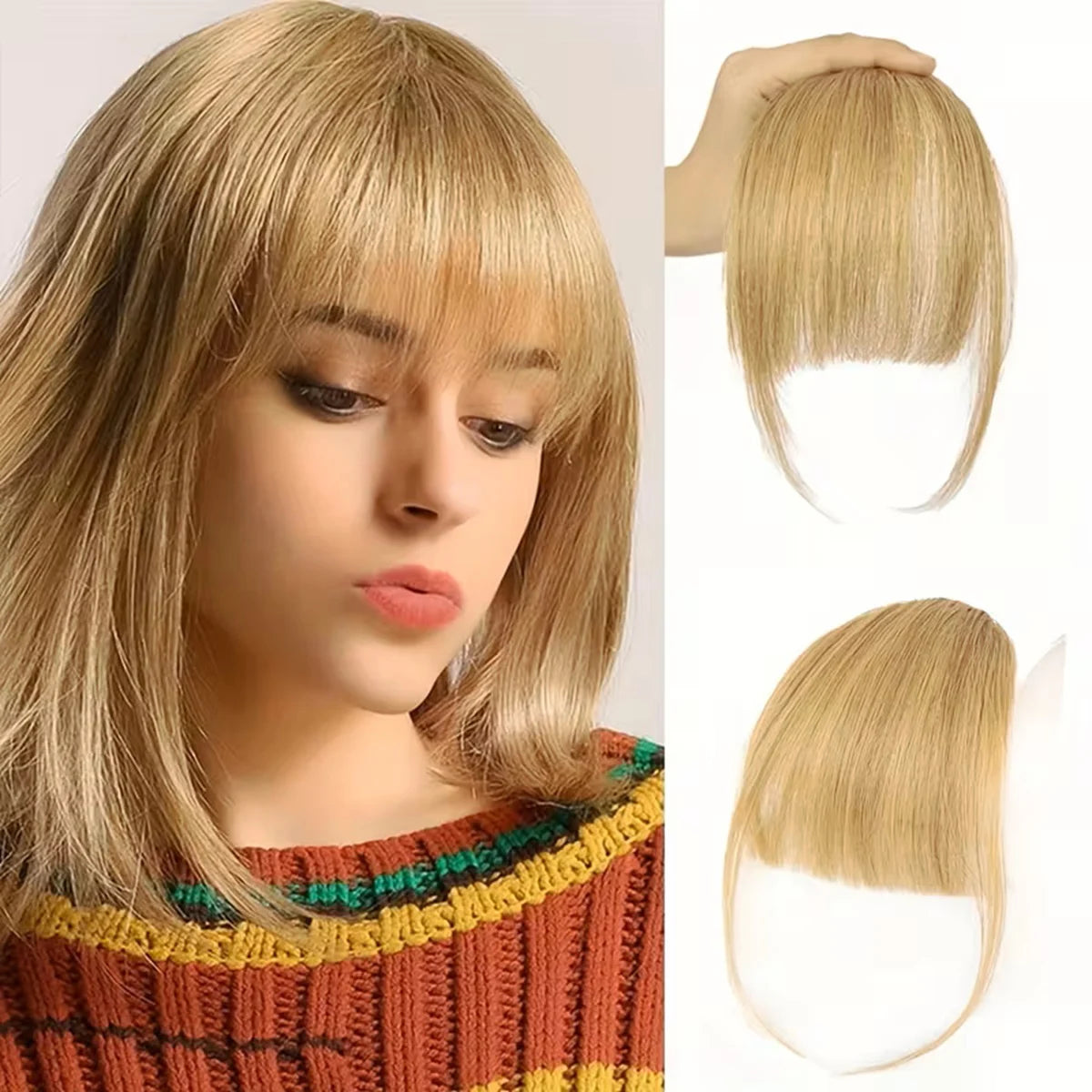 Clip In French Hair Bangs 100%  Human Hair Extensions Wispy Bangs for Women Curved Fake Bangs with Fringe Temples Hairpieces