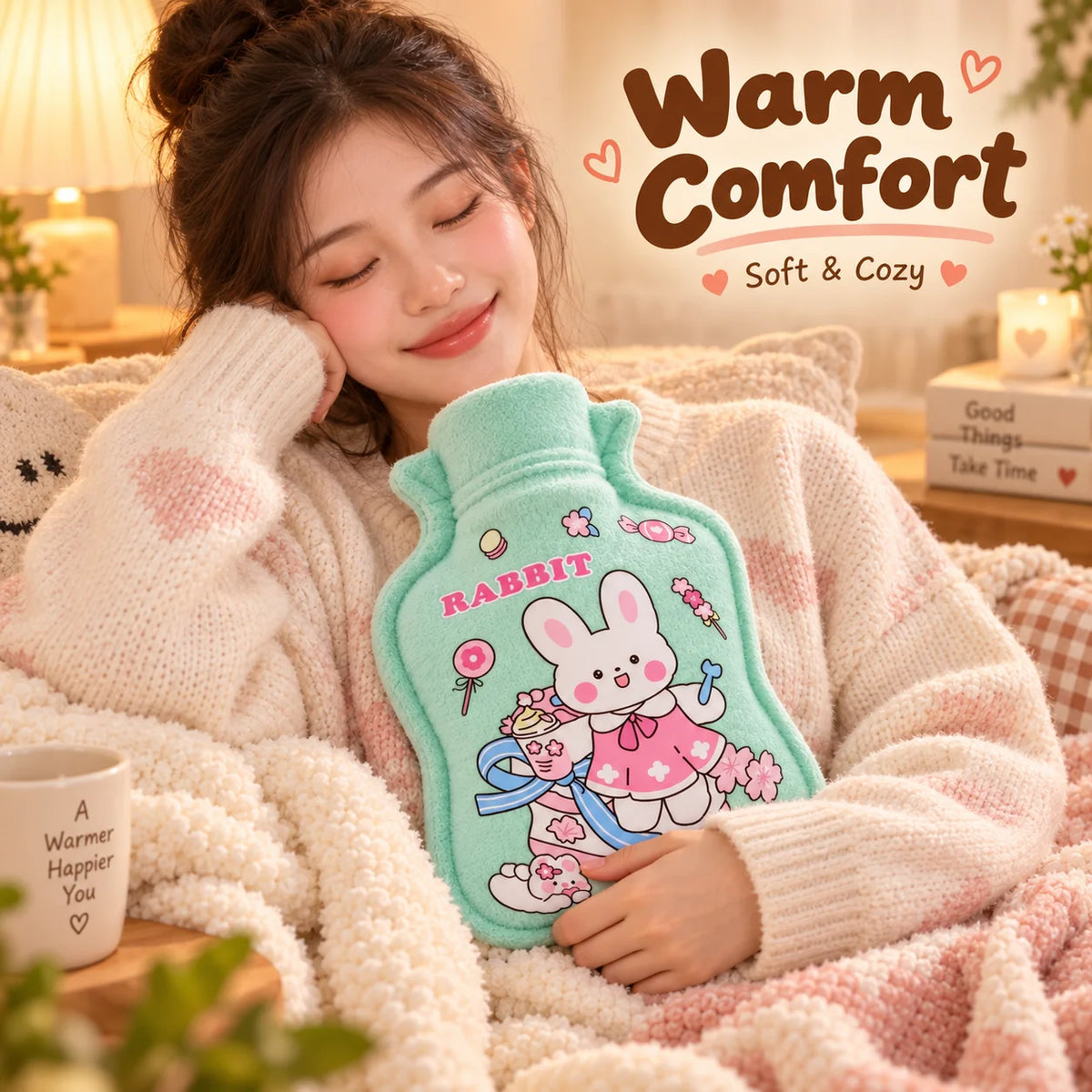 Hot Water Bottle Plush Warm Water Bag Cute Cartoon Soft Cover Hand Warmer for Winter Bed Sofa Women Kids Gift