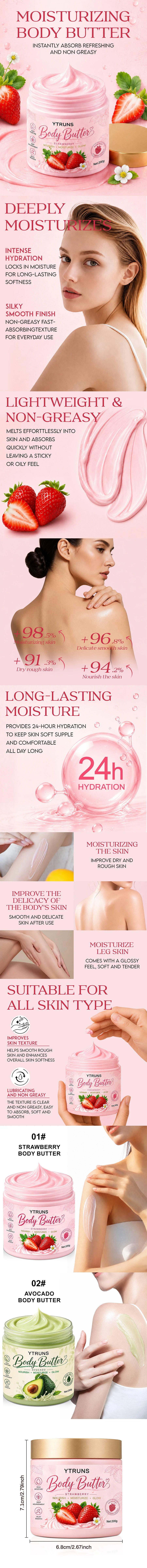 Strawberry Cake Body Cream, Shea Butter Moisturizer for Dry Skin, Winter Hydration Care, Smooth Body Lotion with Sweet Scent