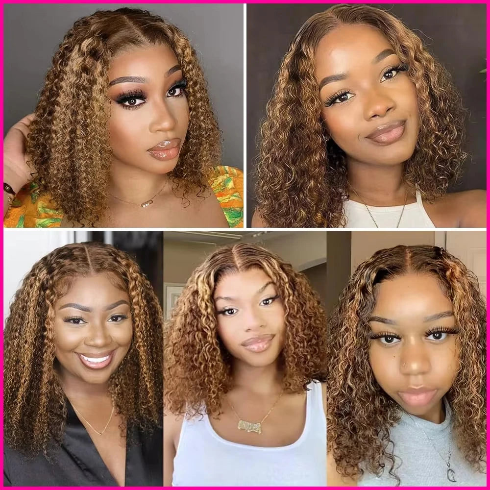 Ombre Highlight P4/27 Color Short Bob Wigs Curly 13x4 Lace Frontal Wigs Human Hair Deep Curly Bob Wig Brazilian Hair Short Bob