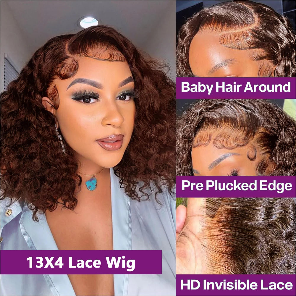 250% Dark Brown Deep Wave Short Bob Wig Human Hair Curly Transparent Lace 13x4 Human Hair Wigs Pre Plucked 10-16 Inch