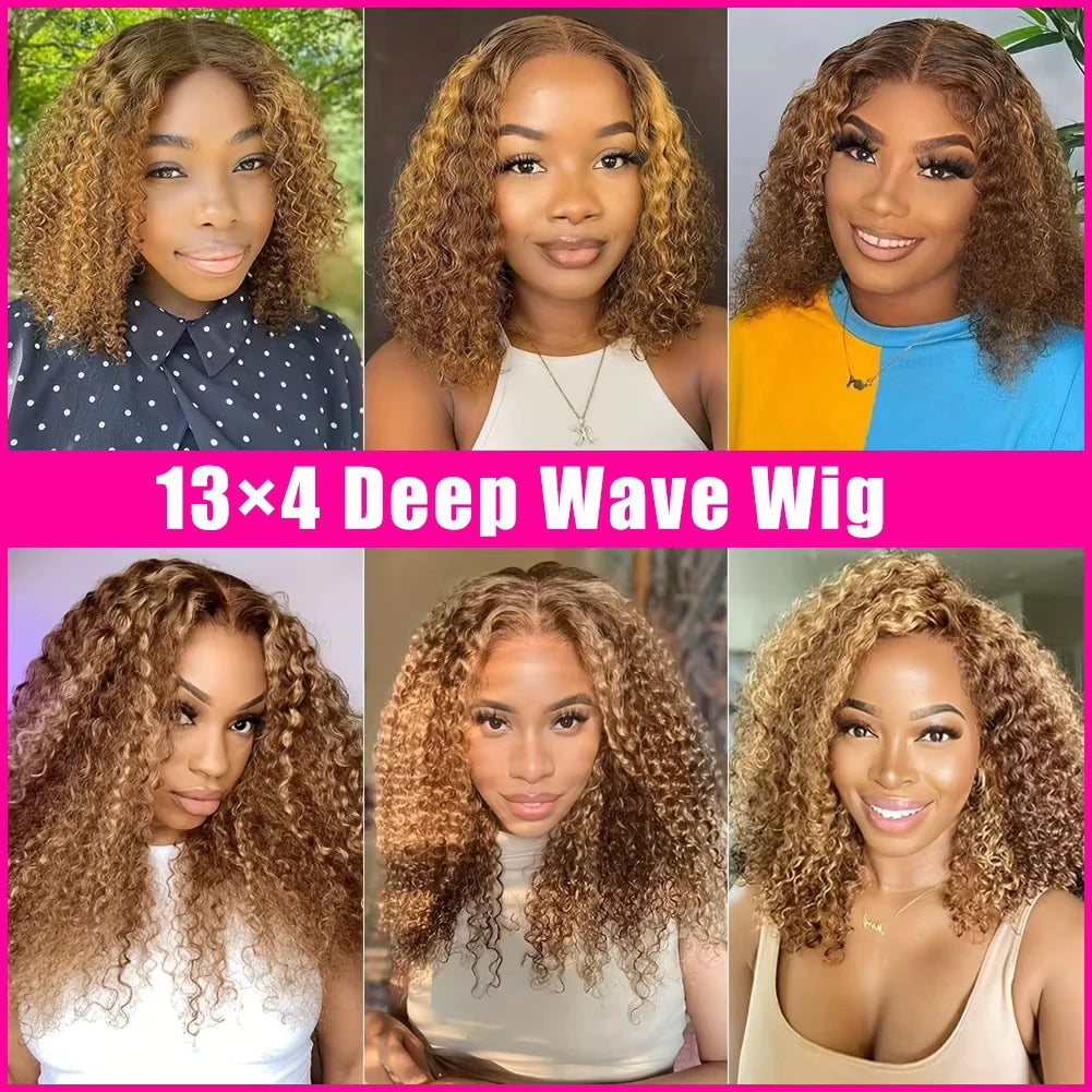 Ombre Highlight P4/27 Color Short Bob Wigs Curly 13x4 Lace Frontal Wigs Human Hair Deep Curly Bob Wig Brazilian Hair Short Bob
