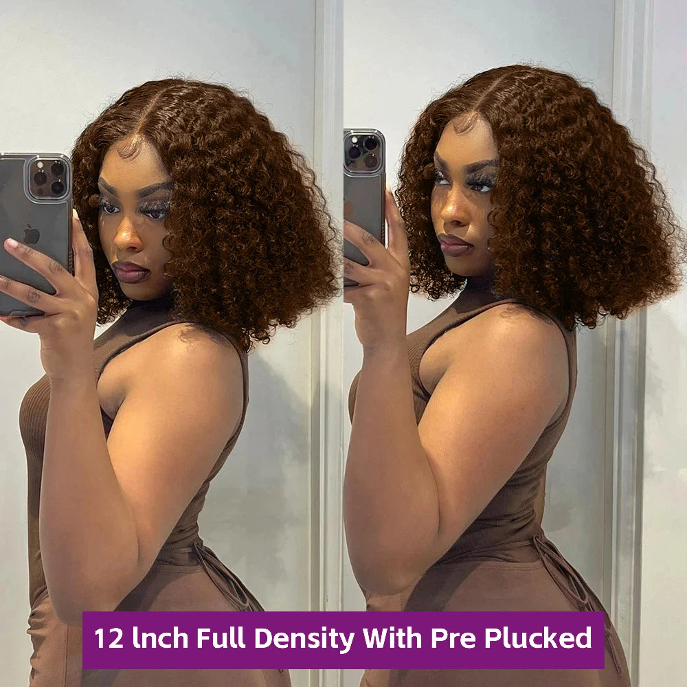 250% Dark Brown Deep Wave Short Bob Wig Human Hair Curly Transparent Lace 13x4 Human Hair Wigs Pre Plucked 10-16 Inch