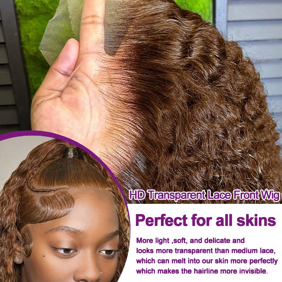 250% Dark Brown Deep Wave Short Bob Wig Human Hair Curly Transparent Lace 13x4 Human Hair Wigs Pre Plucked 10-16 Inch