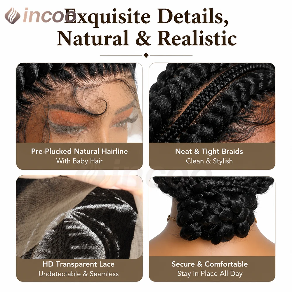 Short Cornnrow Braid Wigs Buns Glueless For Black Women Synthetic HD Full Lace Wig Neat Braids Wig African Protective Style