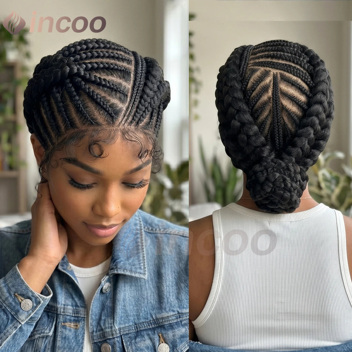 Short Cornnrow Braid Wigs Buns Glueless For Black Women Synthetic HD Full Lace Wig Neat Braids Wig African Protective Style