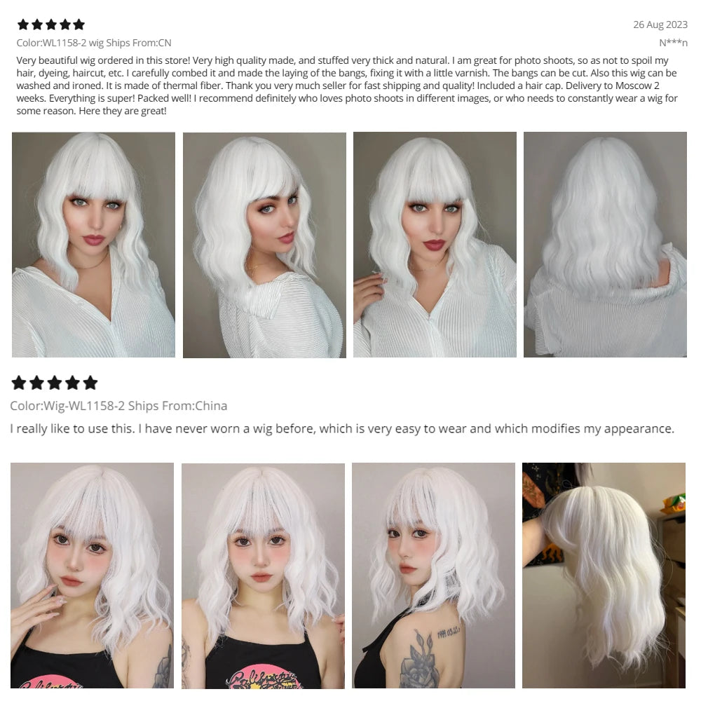 EASIHAIR Short White Bob Synthetic Wigs Short Wavy Lolita Natural Hair Wigs with Bangs for Women Heat Resistant Cosplay Wig