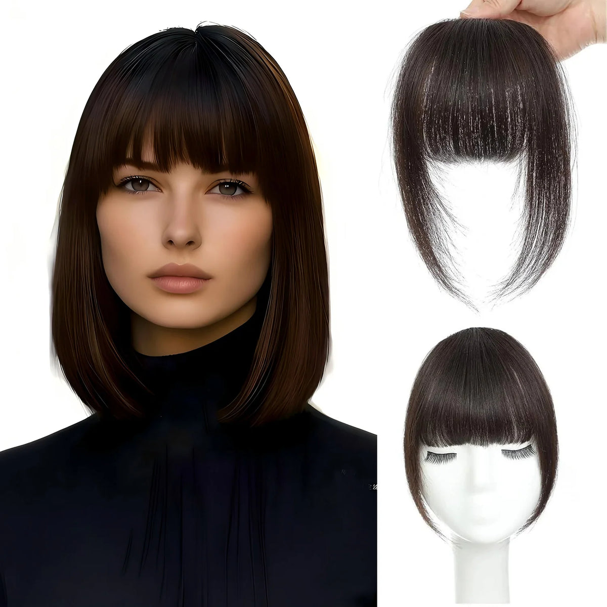 Clip In French Hair Bangs 100%  Human Hair Extensions Wispy Bangs for Women Curved Fake Bangs with Fringe Temples Hairpieces