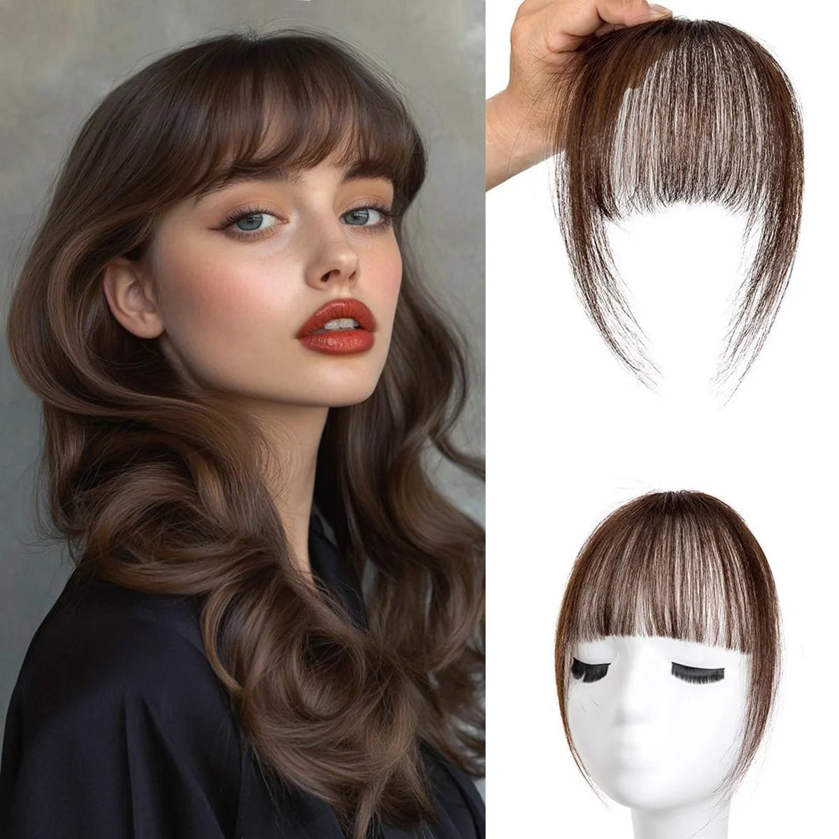 Clip In French Hair Bangs 100%  Human Hair Extensions Wispy Bangs for Women Curved Fake Bangs with Fringe Temples Hairpieces