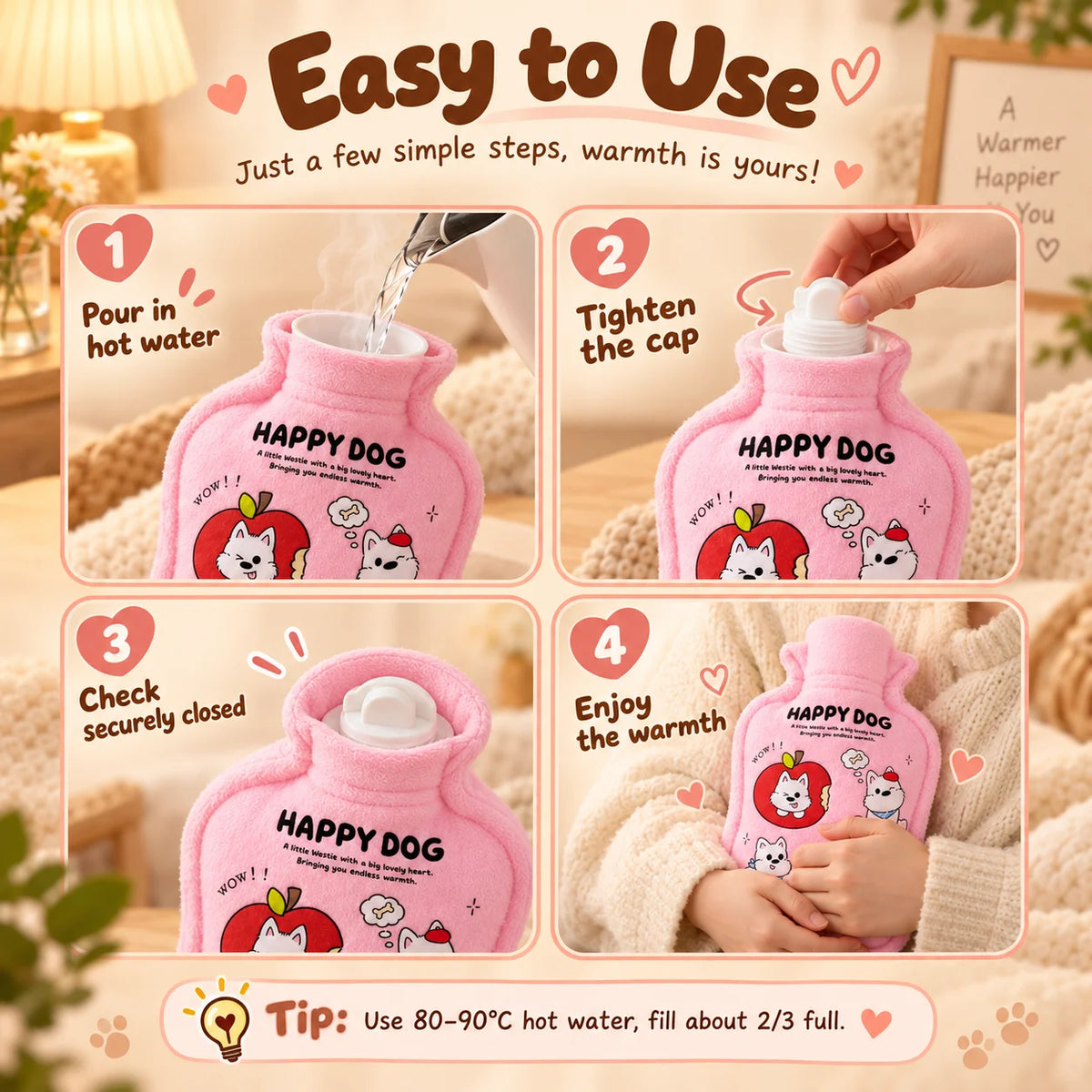Hot Water Bottle Plush Warm Water Bag Cute Cartoon Soft Cover Hand Warmer for Winter Bed Sofa Women Kids Gift
