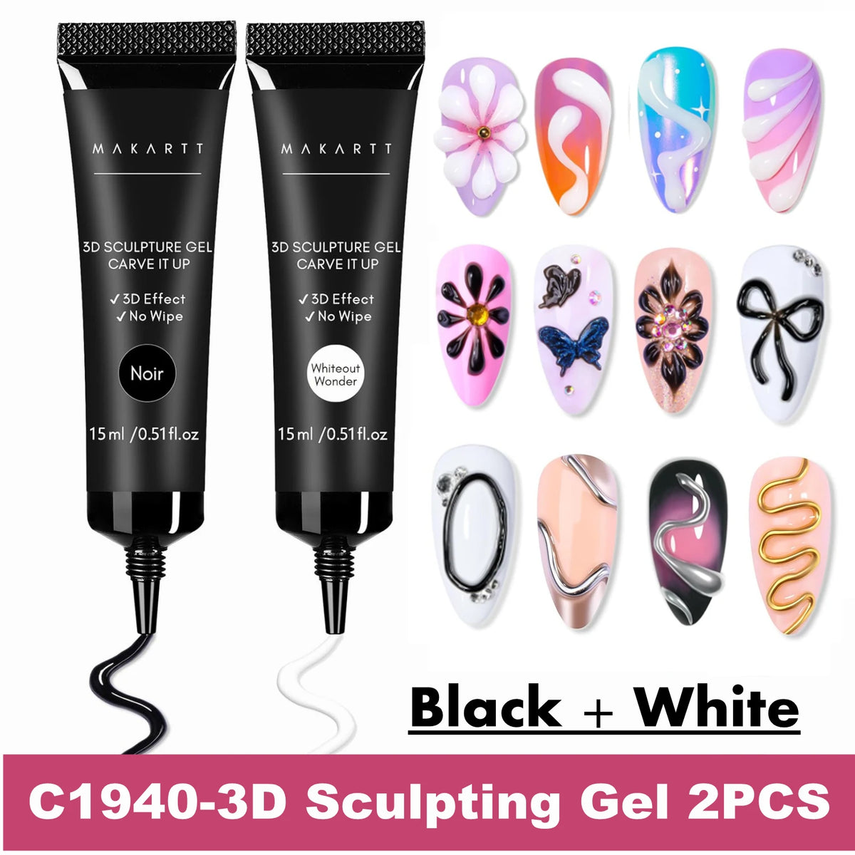 Makartt 3D Gel Nail Art – Clear & Noir Sculpting Gel for DIY Embossed Nail Designs – No Wipe Easy-Squeeze Tube Nail Glue