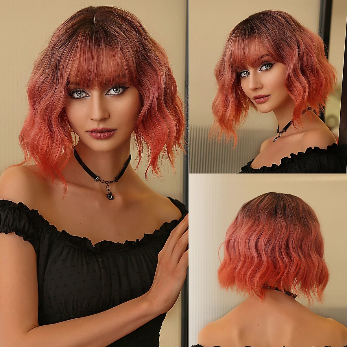 EASIHAIR Short White Bob Synthetic Wigs Short Wavy Lolita Natural Hair Wigs with Bangs for Women Heat Resistant Cosplay Wig