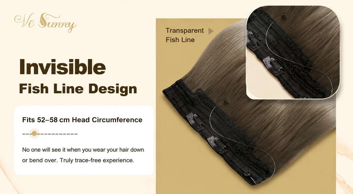 VeSunny Fish Line Human Hair Extension Wire Natural Hair One Piece Invisible Wire Hair Weft with 2 Clips Blonde Soft Remy Hair