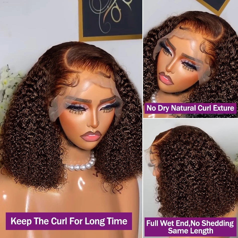250% Dark Brown Deep Wave Short Bob Wig Human Hair Curly Transparent Lace 13x4 Human Hair Wigs Pre Plucked 10-16 Inch