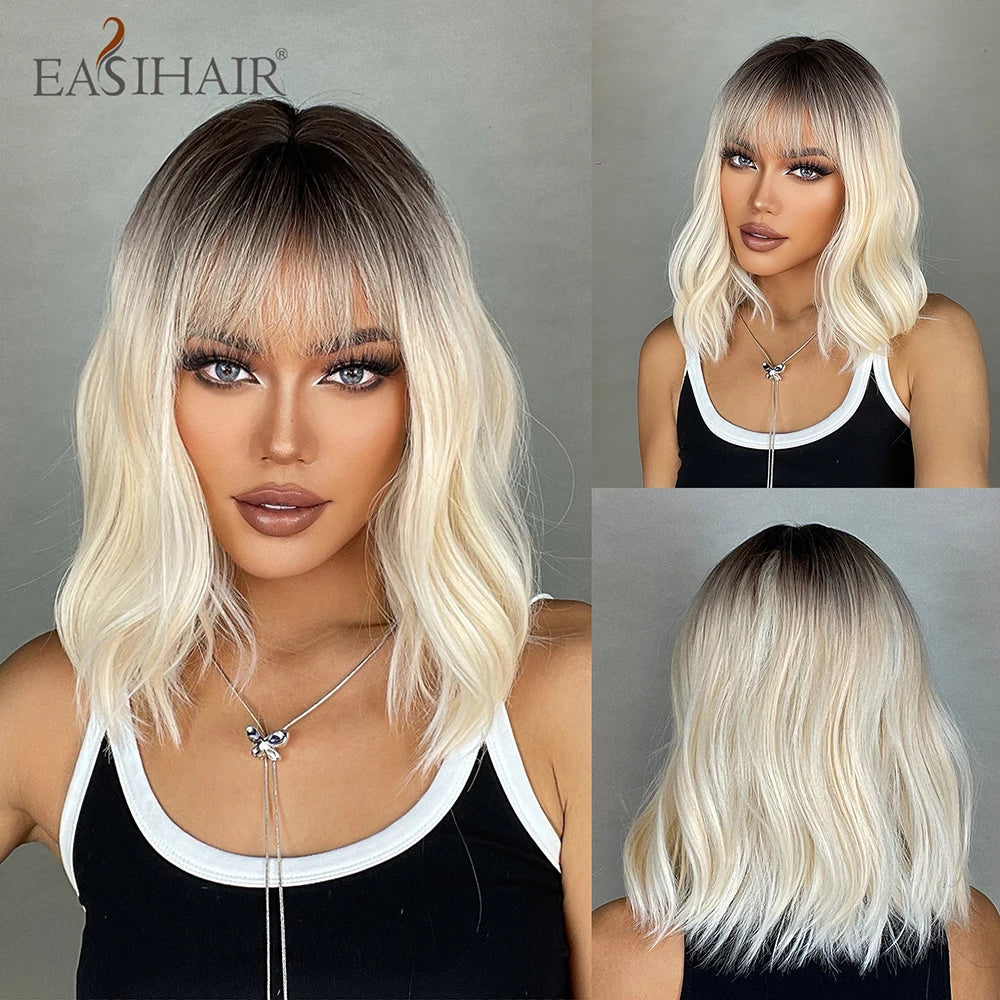 EASIHAIR Short White Bob Synthetic Wigs Short Wavy Lolita Natural Hair Wigs with Bangs for Women Heat Resistant Cosplay Wig