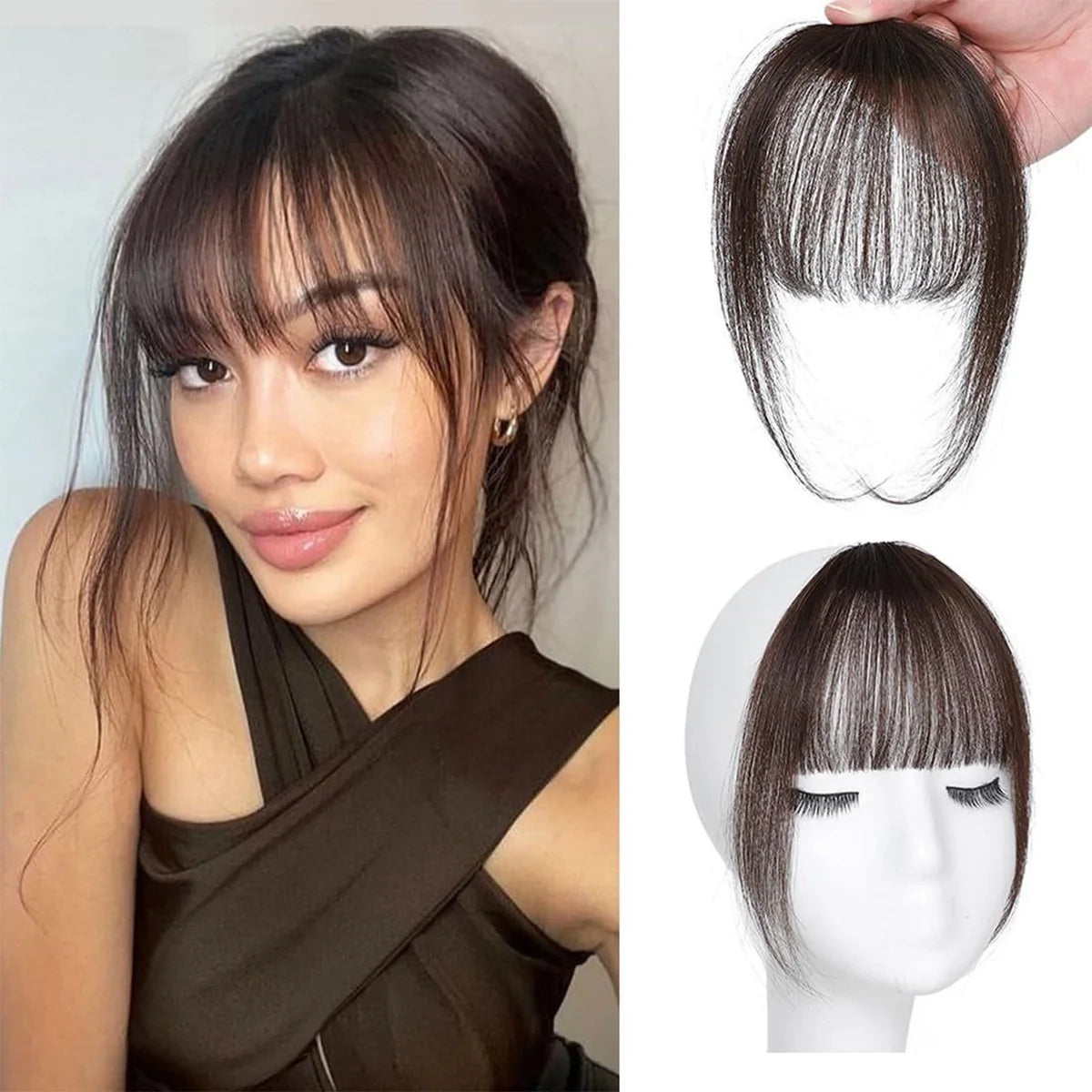 Clip In French Hair Bangs 100%  Human Hair Extensions Wispy Bangs for Women Curved Fake Bangs with Fringe Temples Hairpieces
