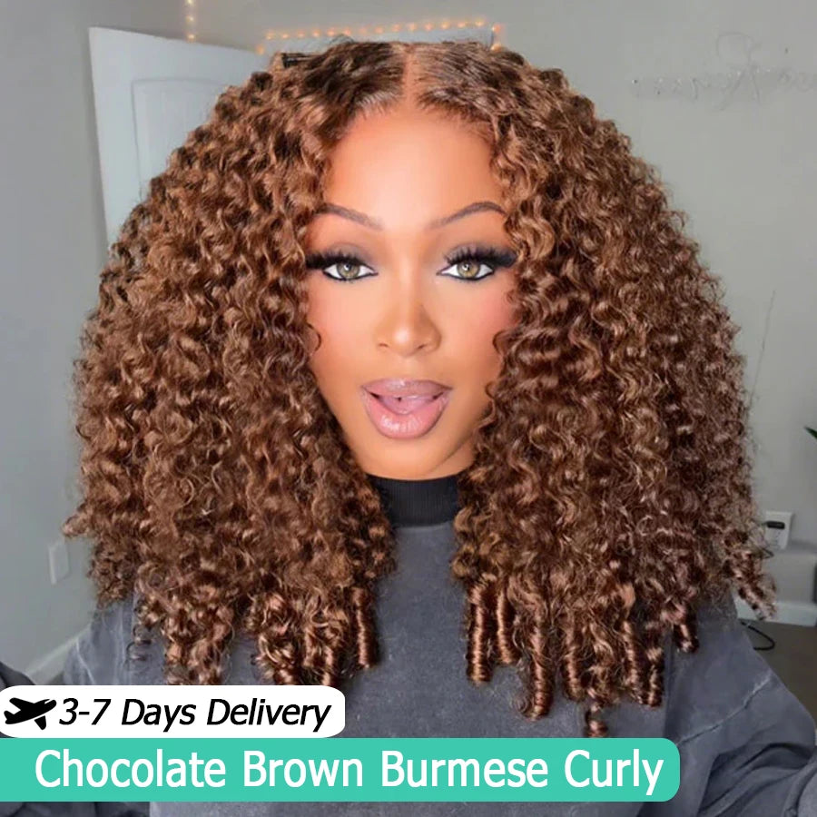Chocolate Brown Burmese Curly 6X6 5X5 HD Lace Closure Wigs Invisible Strap 250% Wear Go Glueless Prepluck HD Lace Human Hair Wig